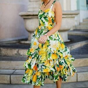 H&M Lemon & Floral Yellow Green Tiered Peplum Ruffle Midi Dress with Pockets
